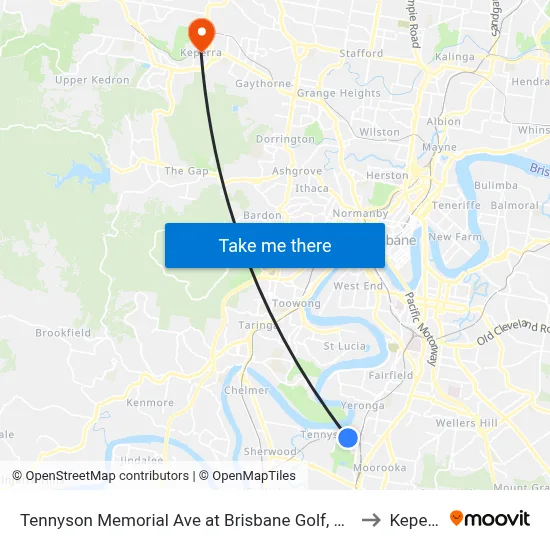 Tennyson Memorial Ave at Brisbane Golf, Stop 36 to Keperra map