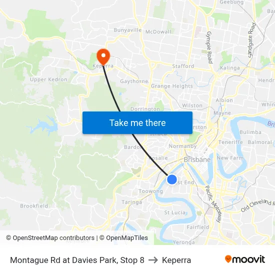 Montague Rd at Davies Park, Stop 8 to Keperra map