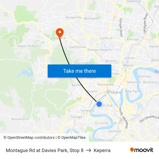 Montague Rd at Davies Park, Stop 8 to Keperra map