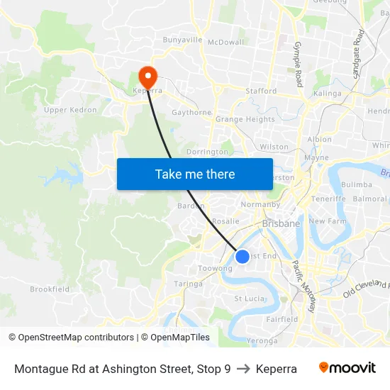 Montague Rd at Ashington Street, Stop 9 to Keperra map