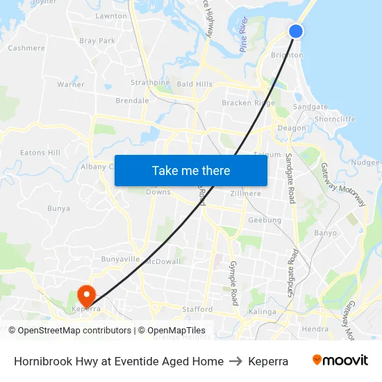 Hornibrook Hwy at Eventide Aged Home to Keperra map