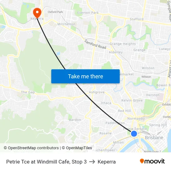 Petrie Tce at Windmill Cafe, Stop 3 to Keperra map