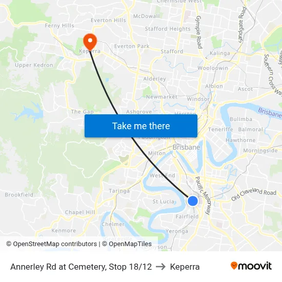 Annerley Rd at Cemetery, Stop 18/12 to Keperra map