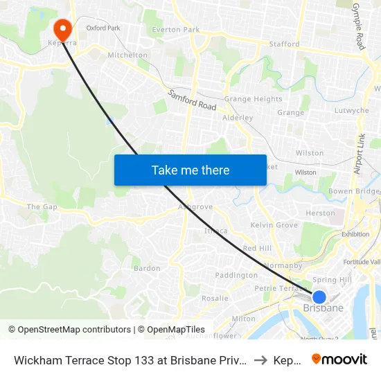 Wickham Terrace Stop 133 at Brisbane Private Hospital to Keperra map