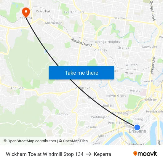 Wickham Tce at Windmill Stop 134 to Keperra map