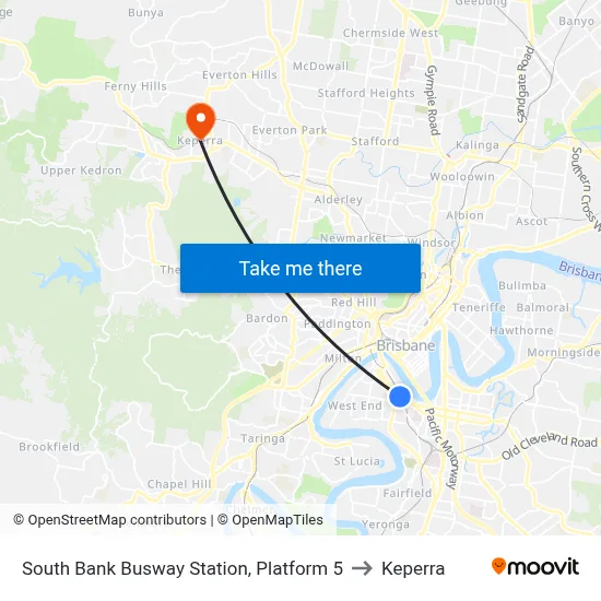South Bank Busway Station, Platform 5 to Keperra map