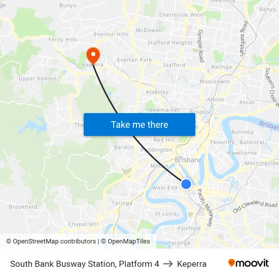South Bank Busway Station, Platform 4 to Keperra map
