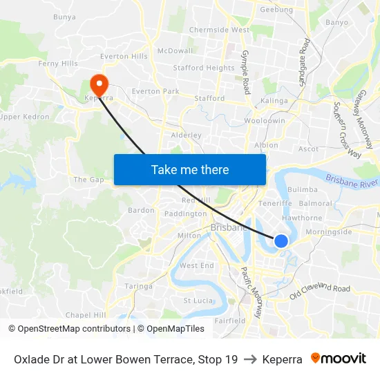 Oxlade Dr at Lower Bowen Terrace, Stop 19 to Keperra map