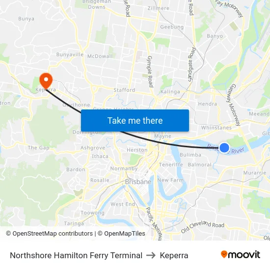 Northshore Hamilton Ferry Terminal to Keperra map
