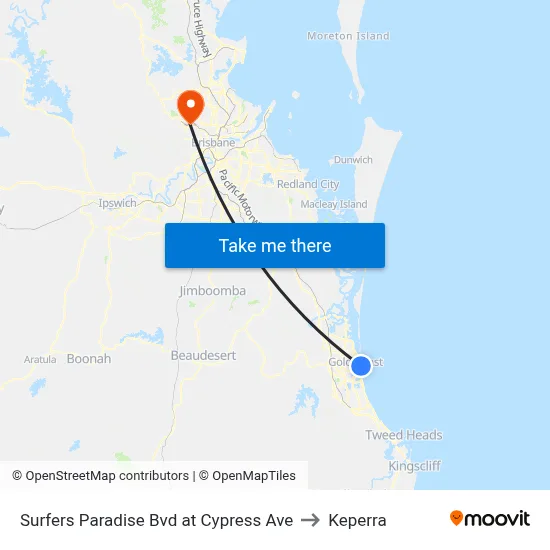 Surfers Paradise Bvd at Cypress Ave to Keperra map