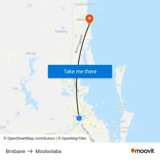 Brisbane to Mooloolaba map
