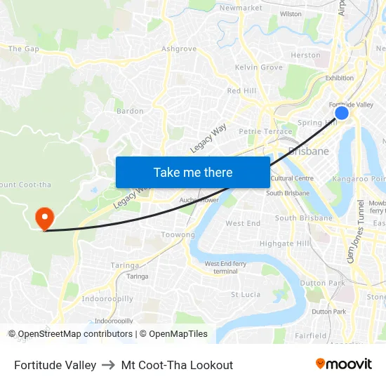 Fortitude Valley to Mt Coot-Tha Lookout map
