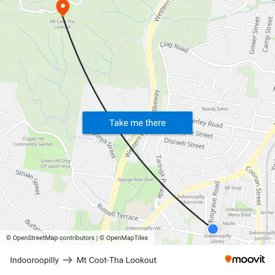 Indooroopilly to Mt Coot-Tha Lookout map