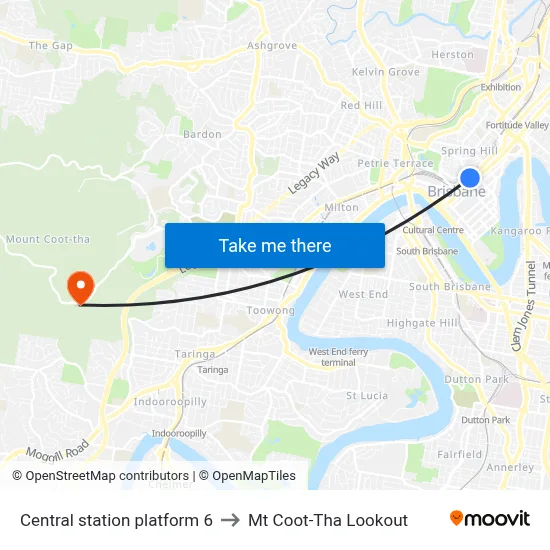 Central station platform 6 to Mt Coot-Tha Lookout map