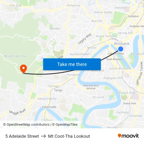 5 Adelaide Street to Mt Coot-Tha Lookout map