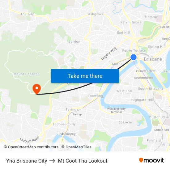 Yha Brisbane City to Mt Coot-Tha Lookout map