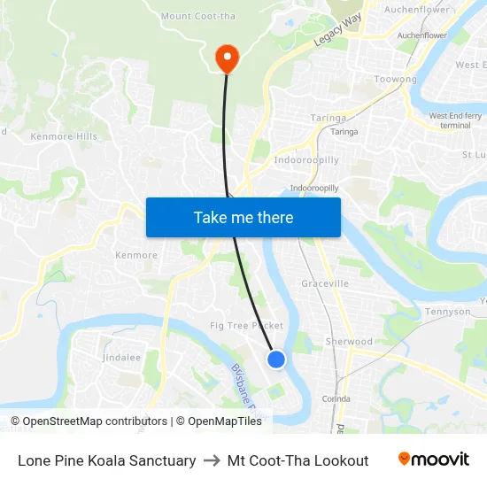Lone Pine Koala Sanctuary to Mt Coot-Tha Lookout map