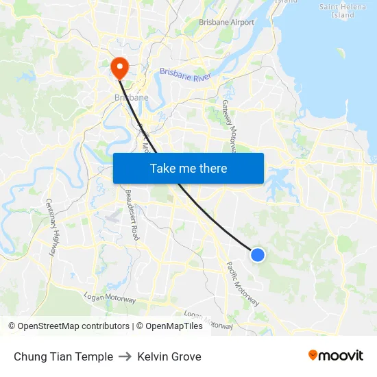 Chung Tian Temple to Kelvin Grove map