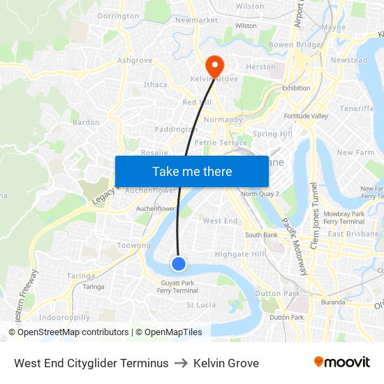 West End Cityglider Terminus to Kelvin Grove map