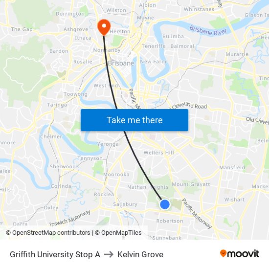 Griffith University Stop A to Kelvin Grove map