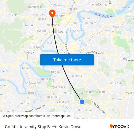 Griffith University Stop B to Kelvin Grove map