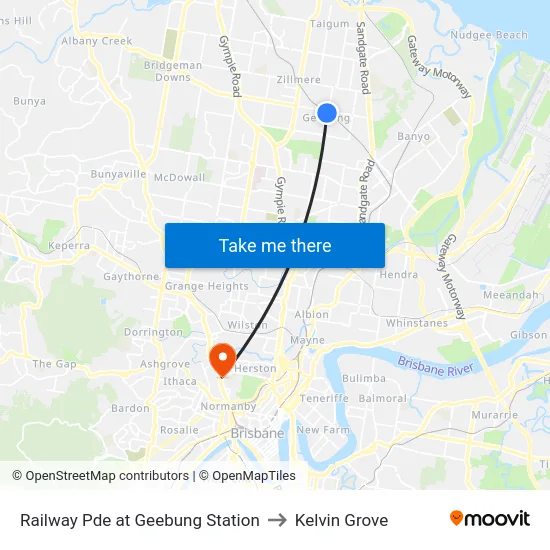 Railway Pde at Geebung Station to Kelvin Grove map