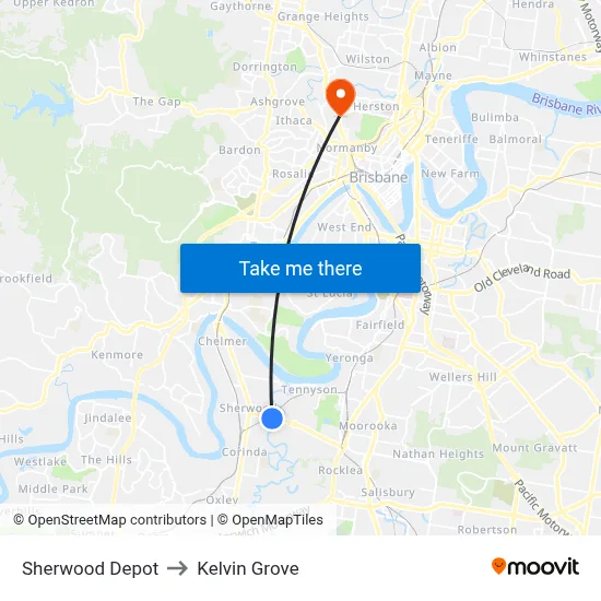 Sherwood Depot to Kelvin Grove map
