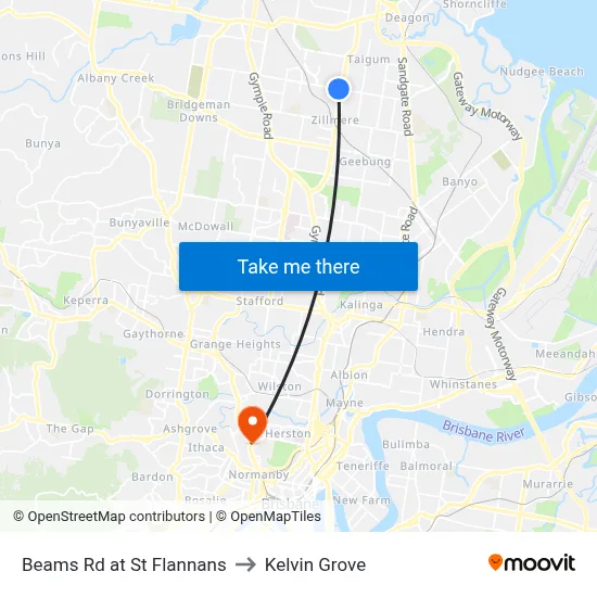 Beams Rd at St Flannans to Kelvin Grove map