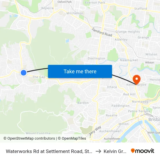 Waterworks Rd at Settlement Road, Stop 36 to Kelvin Grove map