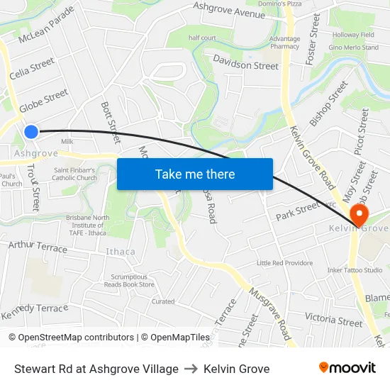 Stewart Rd at Ashgrove Village to Kelvin Grove map