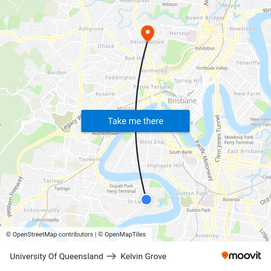 University Of Queensland to Kelvin Grove map