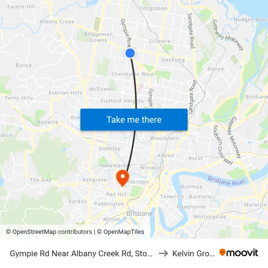 Gympie Rd Near Albany Creek Rd, Stop 42 to Kelvin Grove map