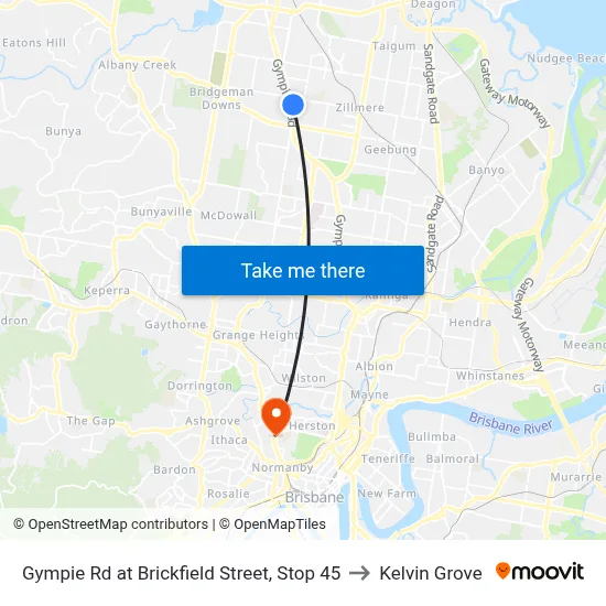 Gympie Rd at Brickfield Street, Stop 45 to Kelvin Grove map
