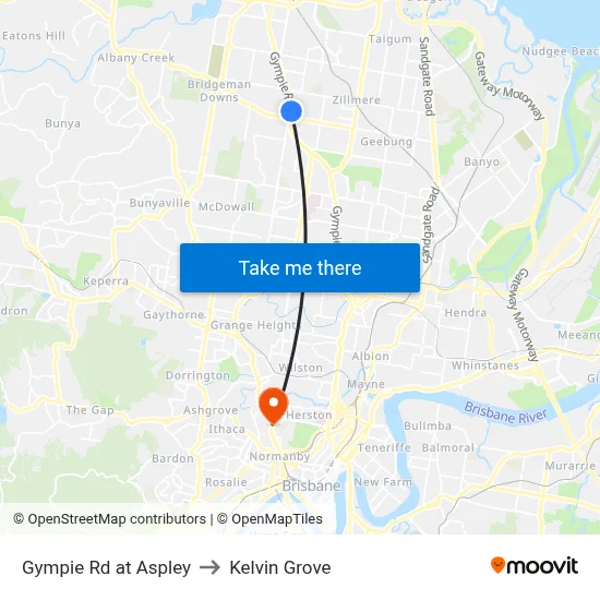 Gympie Rd at Aspley to Kelvin Grove map