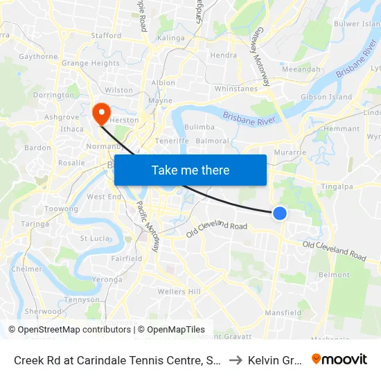 Creek Rd at Carindale Tennis Centre, Stop 46 to Kelvin Grove map