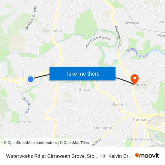 Waterworks Rd at Girraween Grove, Stop 21/22 to Kelvin Grove map