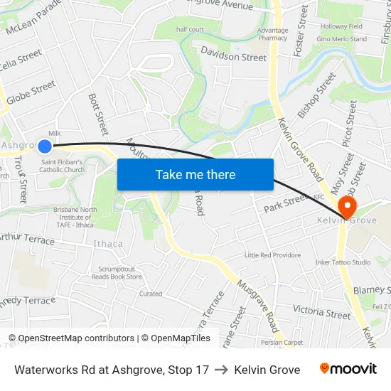 Waterworks Rd at Ashgrove, Stop 17 to Kelvin Grove map