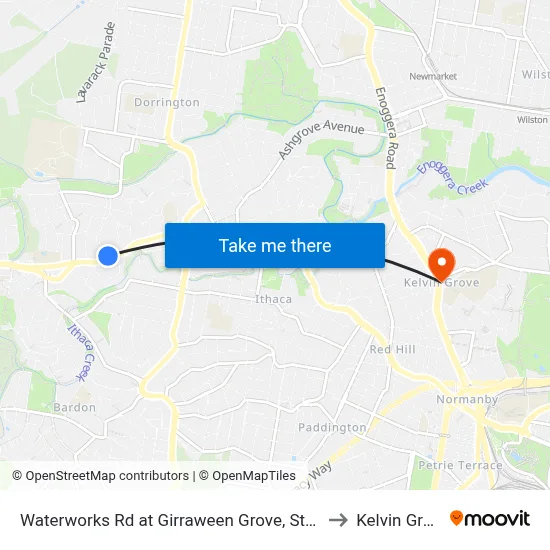 Waterworks Rd at Girraween Grove, Stop 21 to Kelvin Grove map
