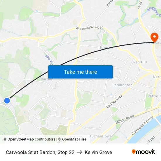 Carwoola St at Bardon, Stop 22 to Kelvin Grove map