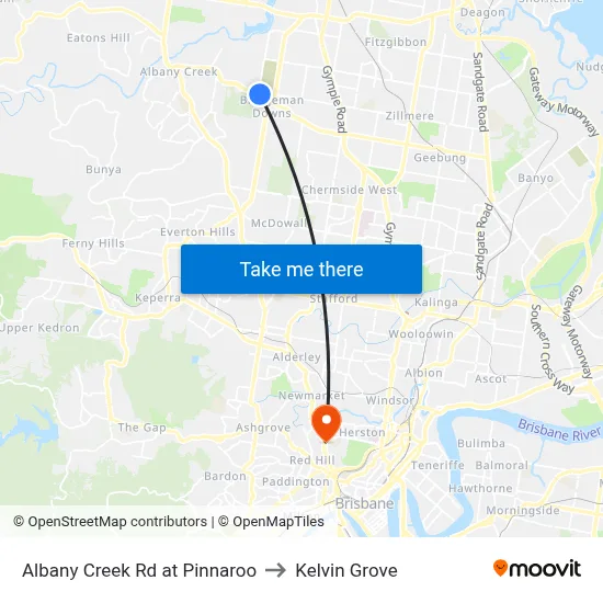 Albany Creek Rd at Pinnaroo to Kelvin Grove map