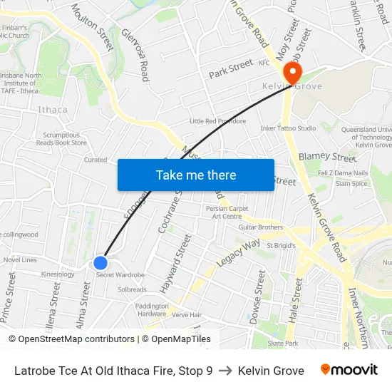 Latrobe Tce At Old Ithaca Fire, Stop 9 to Kelvin Grove map
