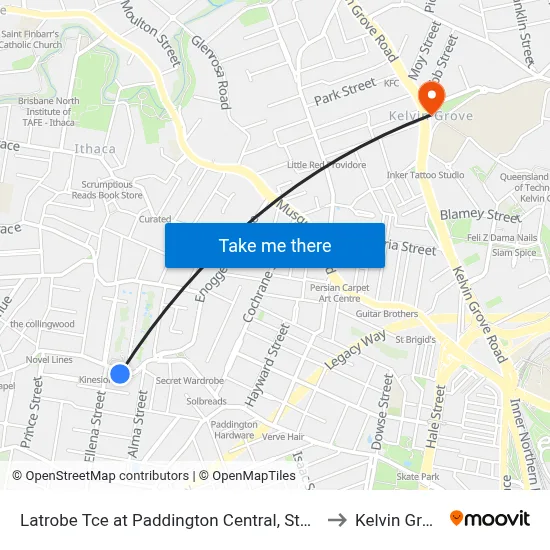 Latrobe Tce at Paddington Central, Stop 10 to Kelvin Grove map