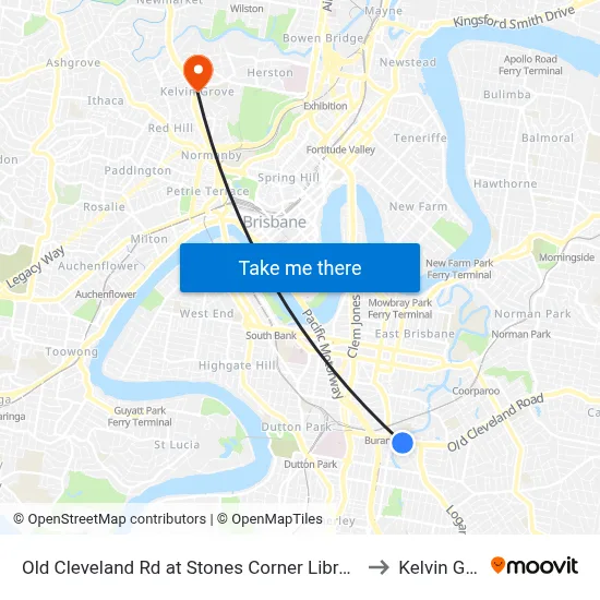 Old Cleveland Rd at Stones Corner Library, Stop 17 to Kelvin Grove map