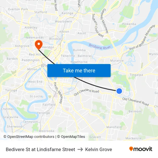 Bedivere St at Lindisfarne Street to Kelvin Grove map