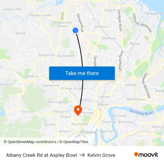 Albany Creek Rd at Aspley Bowl to Kelvin Grove map