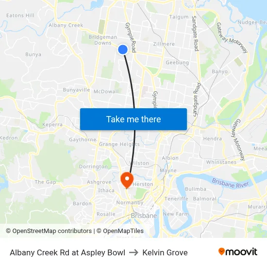 Albany Creek Rd at Aspley Bowl to Kelvin Grove map