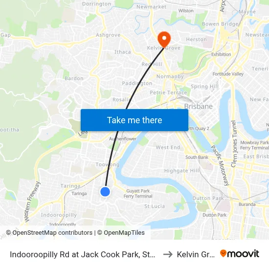 Indooroopilly Rd at Jack Cook Park, Stop 18/19 to Kelvin Grove map