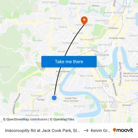 Indooroopilly Rd at Jack Cook Park, Stop 18/19 to Kelvin Grove map