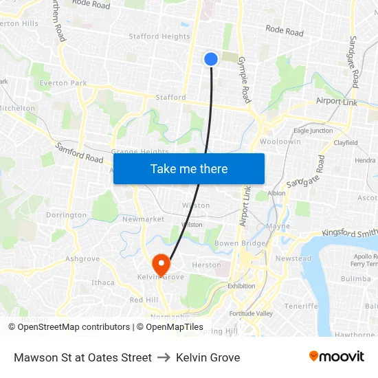Mawson St at Oates Street to Kelvin Grove map