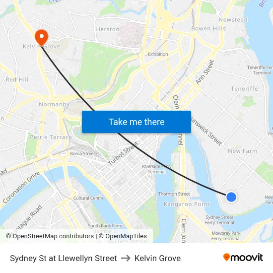 Sydney St at Llewellyn Street to Kelvin Grove map